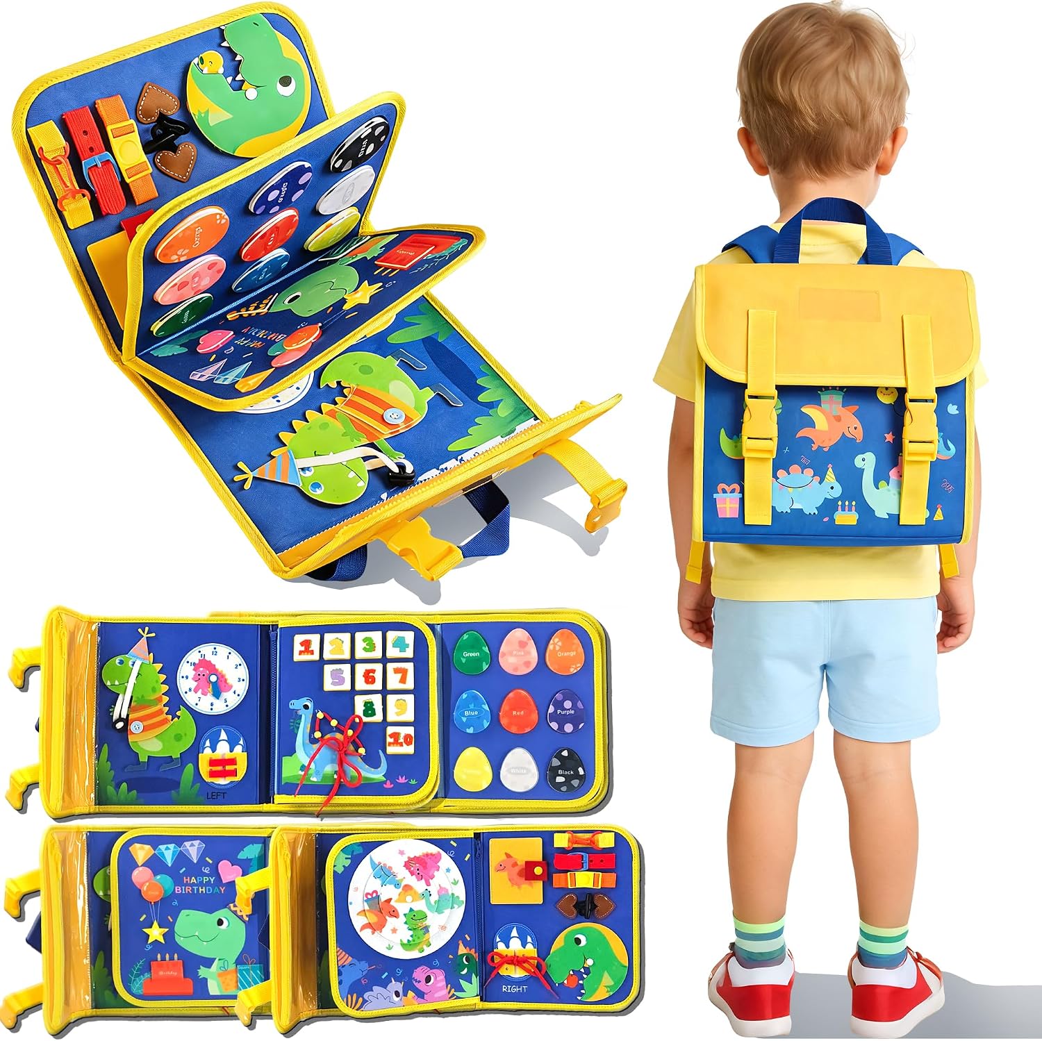 恐竜幼児用ビジーボードバックパック、持ち運び可能な静かな学習 - Drone Backpack のレビューと価格